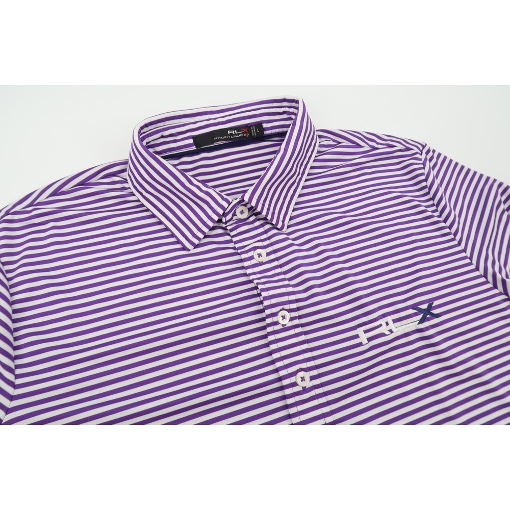 Ralph Lauren RLX Mens Large Purple Striped Wicking Performance Golf‎ Polo Shirt